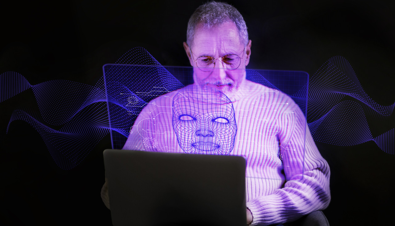 Persona con mascara de avatar de metaverso futurista