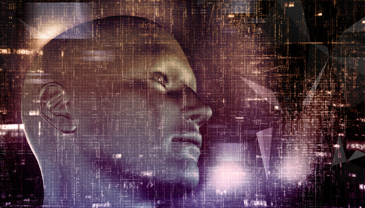 3d render techno background with male head programming code