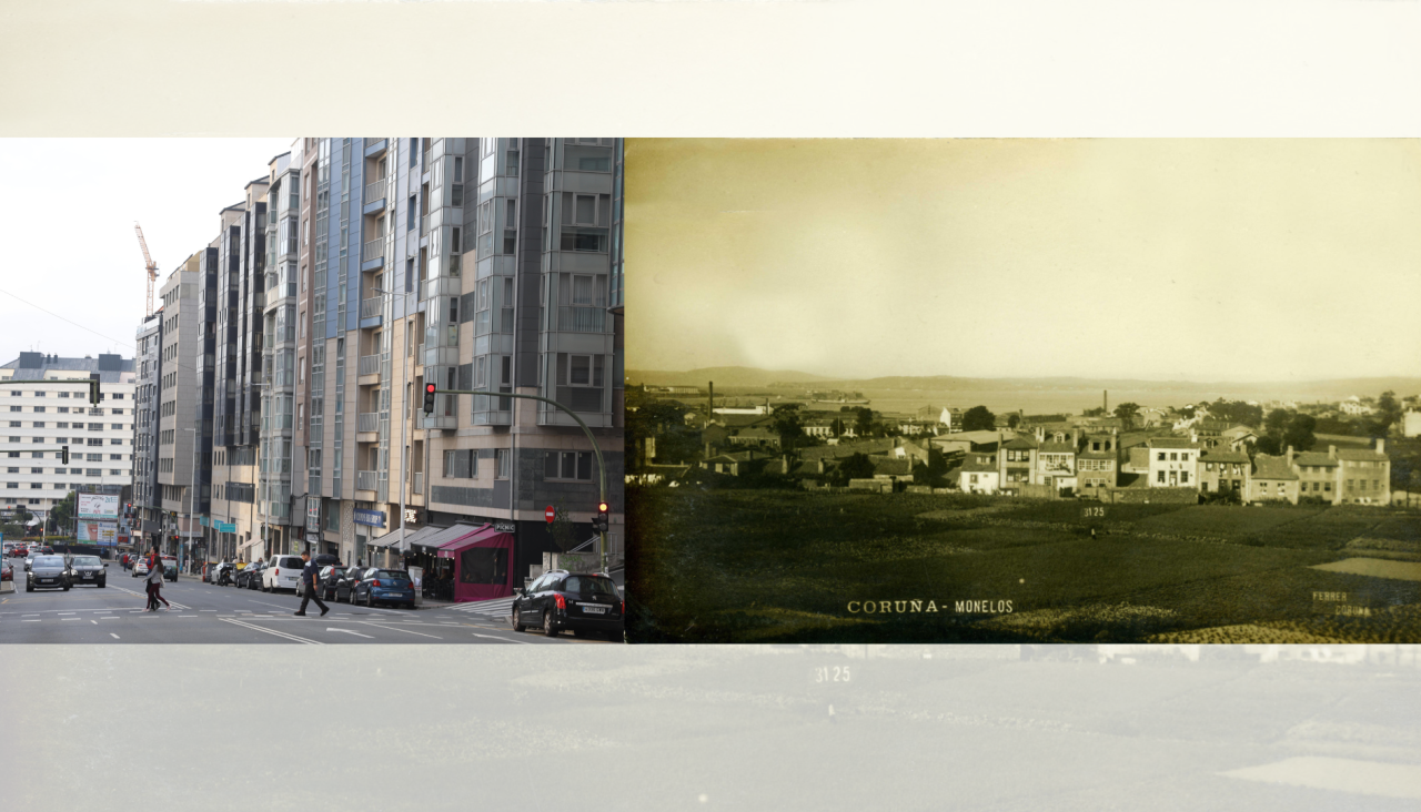 A la izquierda, imagen actual de la avenida de Monelos y a la derecha, vista de Monelos a comienzos del siglo XX