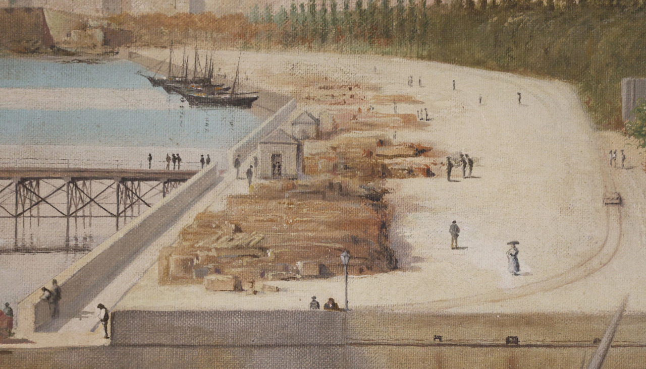 Raíles en el relleno del puerto proyectado por el ingeniero Celedonio de Uribe en la sexta década del siglo XIX. Es un detalle de un cuadro anónimo que conserva la Autoridad Portuaria