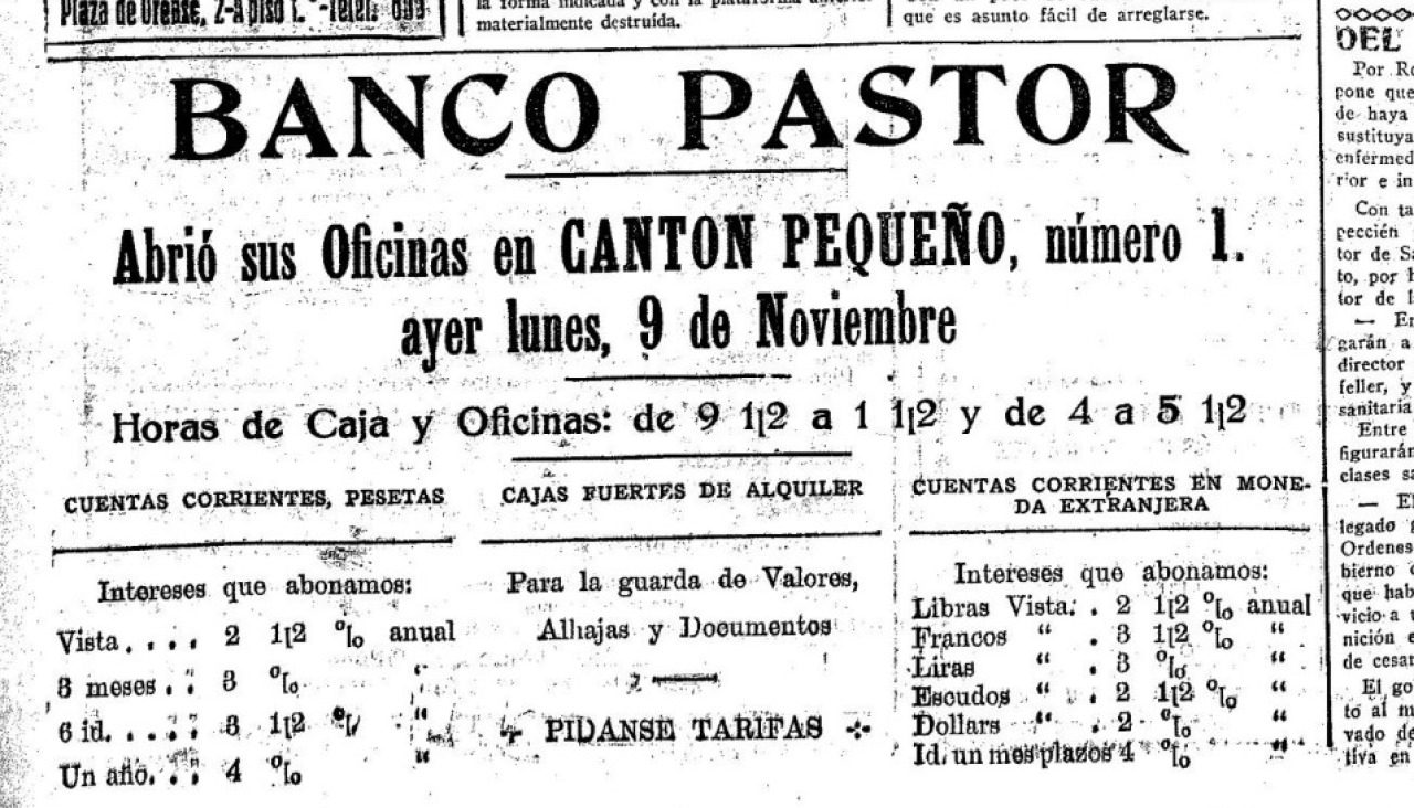 Anuncio publicitario de los servicios del Banco Pastor en su nuevo edificio