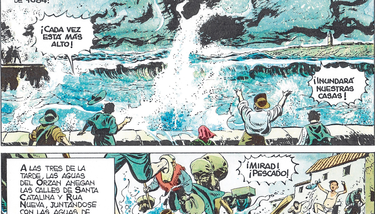Viñetas del cómic 'Historia de la ciudad de La Coruña', que recrea la inundación de 1685, aunque datada en 1684