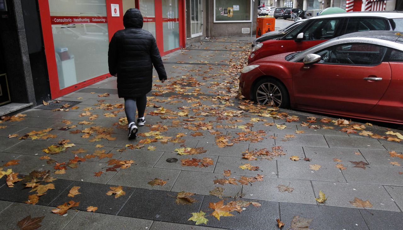 Una persona camina por una acera llena de hojas