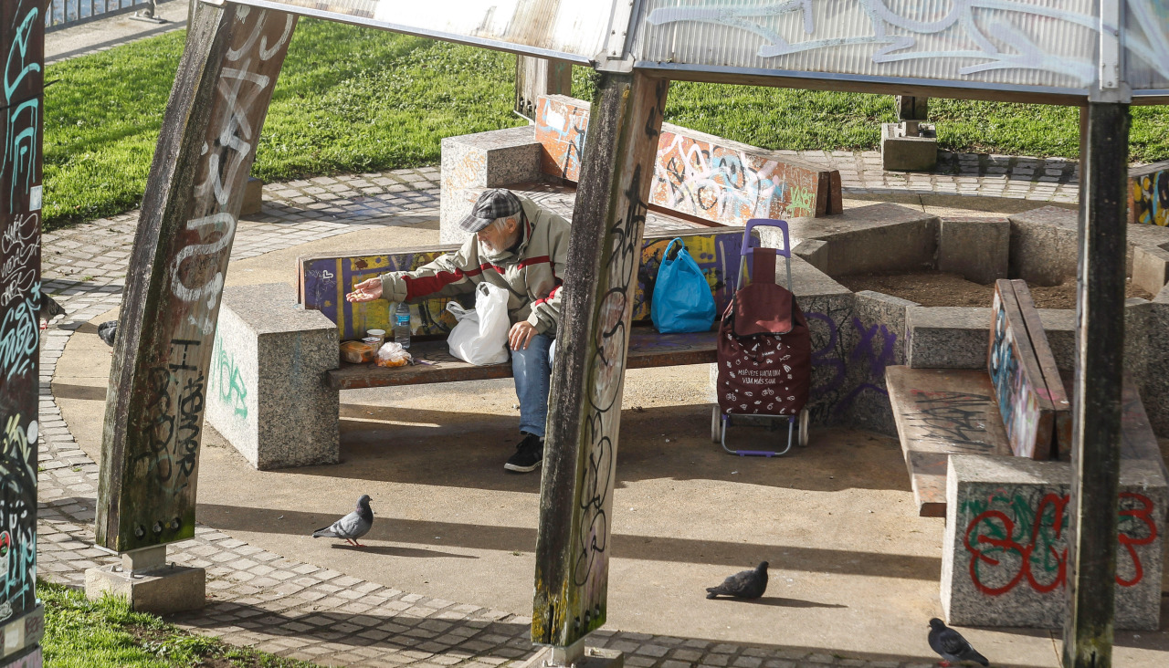 Un sintecho alimenta a las palomas en el banco de la finca de los Mariño, un refugio habitual