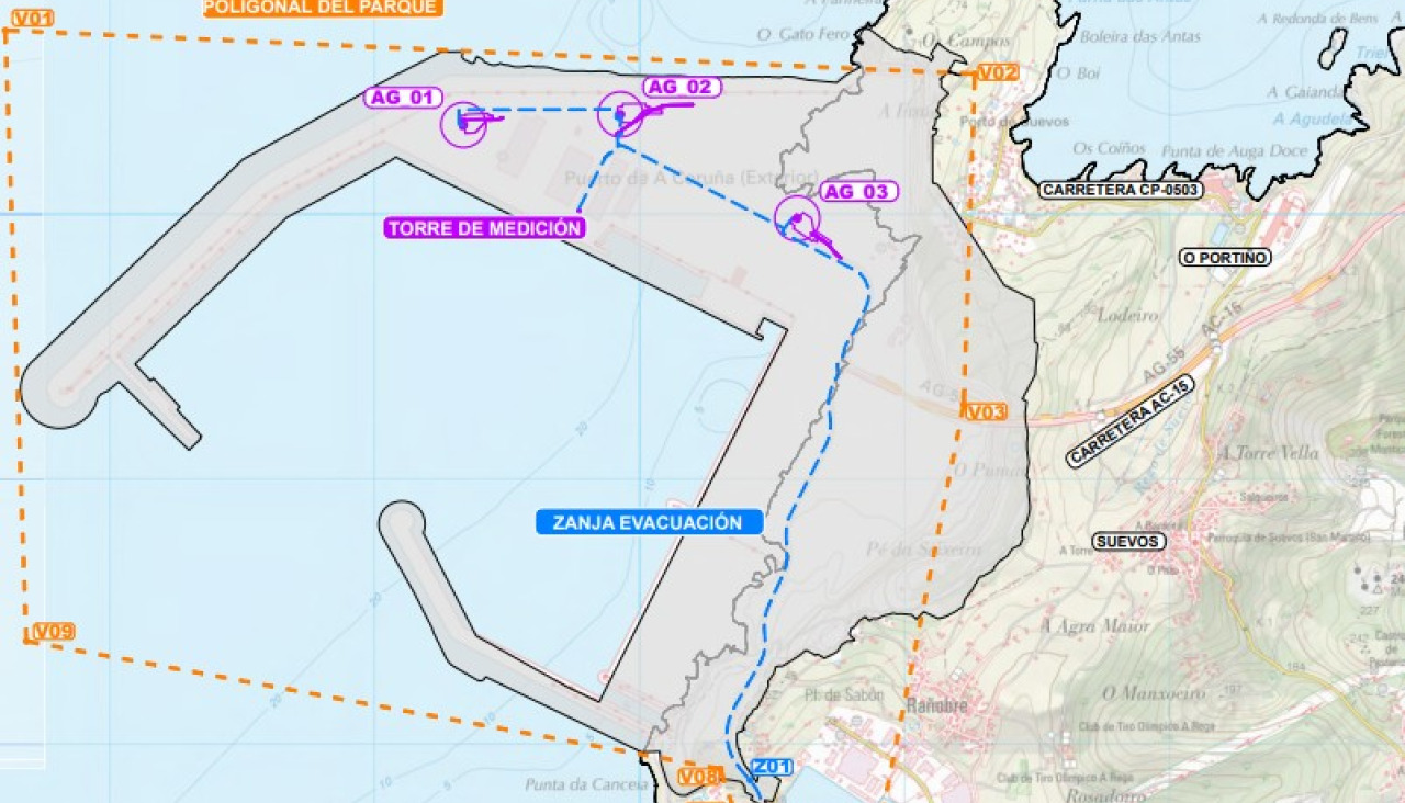 Plano con la ubicación de los tres aerogeneradores de Inditex en Langosteira