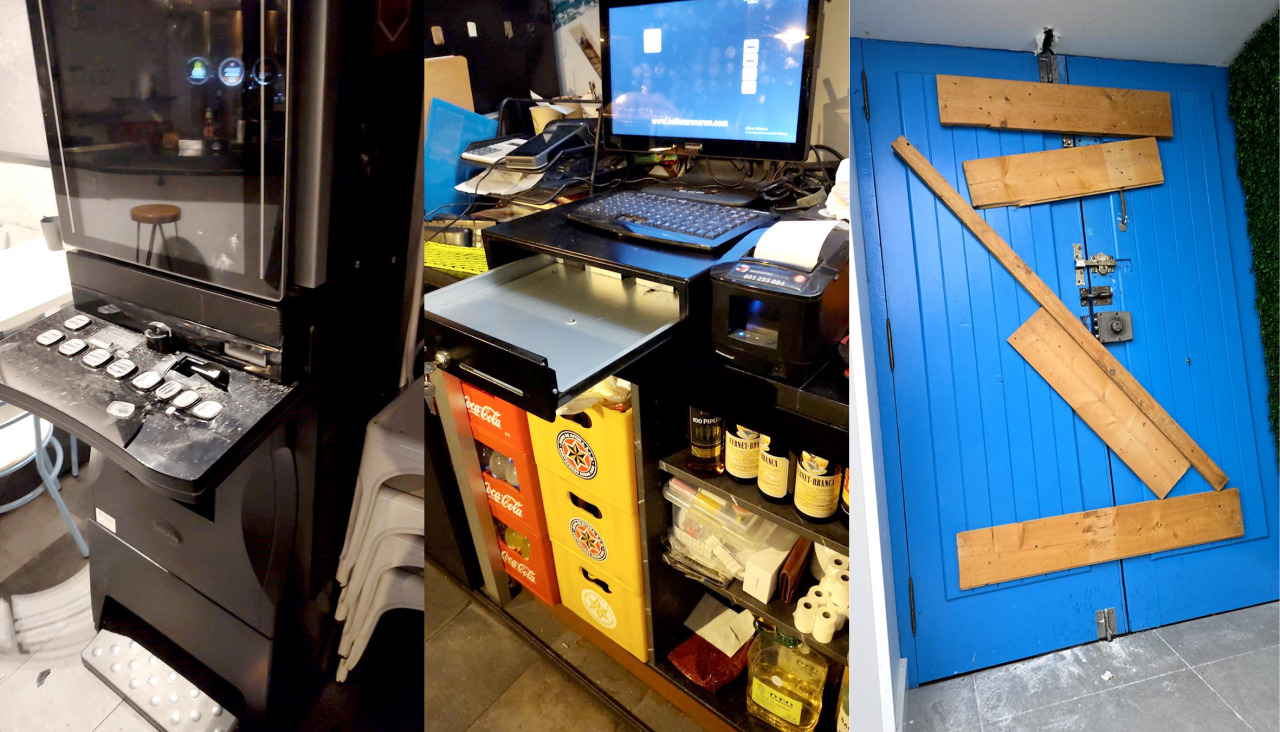 La caja registradora, la caja máquina de juego y la puerta tras el atraco