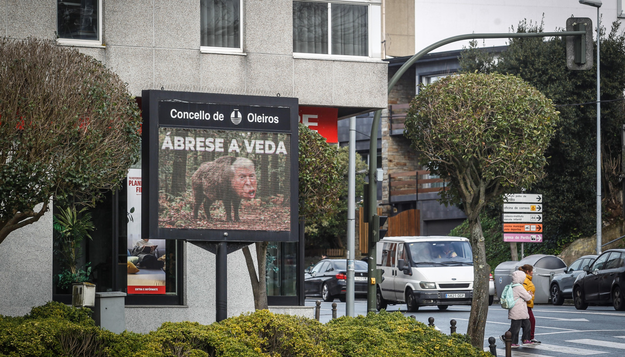 Cartel con la cara de Trump y el cuerpo de un jabalí en Santa Cristina