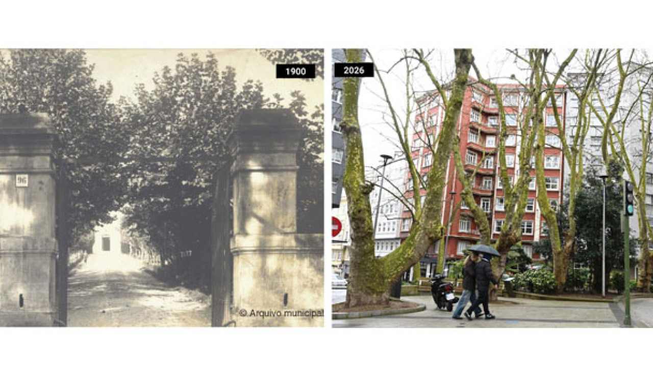 A la izquierda, puerta de entrada al colegio a principios del siglo XX. A la derecha, árboles del jardín que están hoy en la plaza del Libro