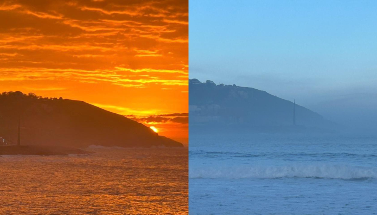 La puesta de sol roja del día de ayer y el amanecer pasado por niebla de la mañana de hoy miércoles