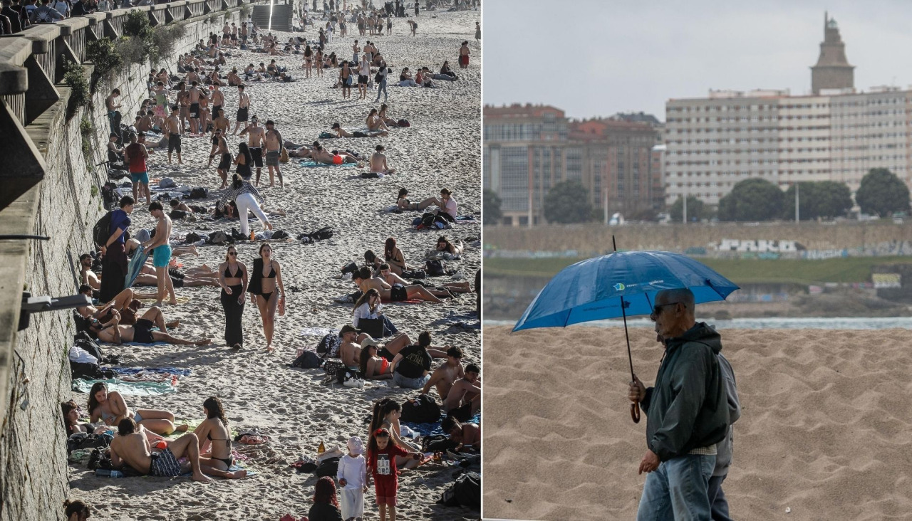 A la izquierda, varias personas disfrutan de la playa en A Coruña en este mes de abril, a la derecha, dos personas pasan por delante del mismo arenal en un día de lluvia