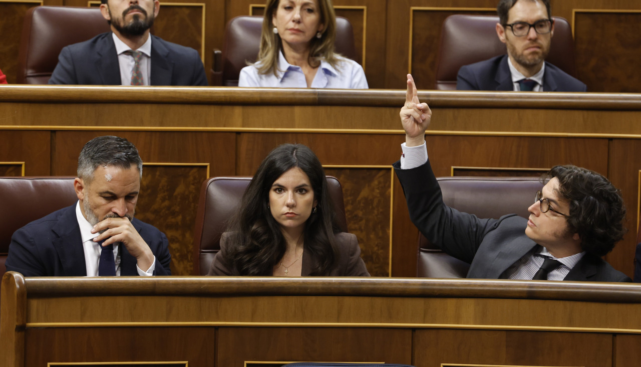 El líder de Vox, Santiago Abascal, y los diputados de la formación Pepa Millán y José María Figaredo, en el Congreso