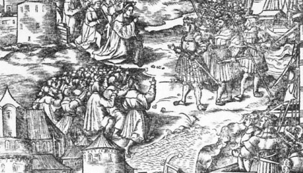 Llegada de Juana de Castilla y Felipe el Hermoso a A Coruña en 1506 obra de Hans Burgkmair, Leonhard Beck y Ha Sprininklee y disponible en la Biblioteca Nacional