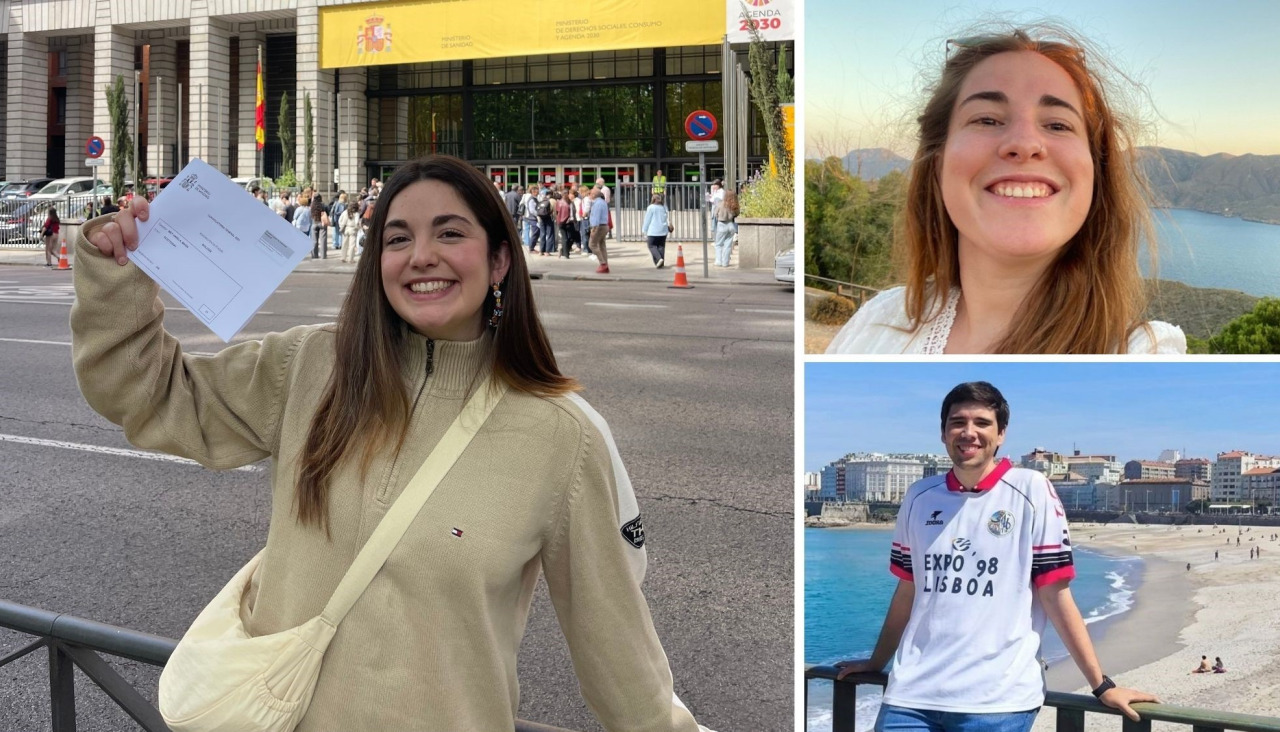 A la izquierda, María Rey delante del Ministerio de Sanidad tras hacerse con su plaza; a la derecha, Laura Rodríguez y Miguel Castro