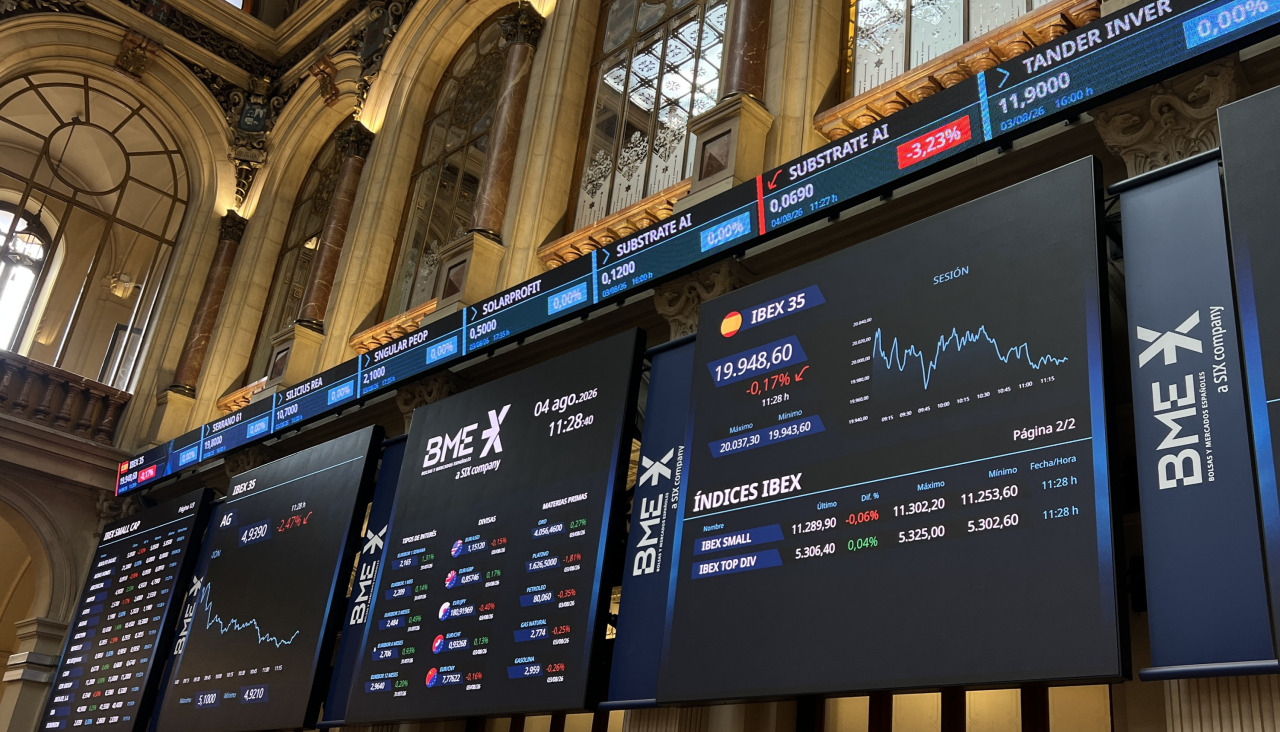 El principal índice de la Bolsa española, el IBEX 35, toca por primera vez en su historia los 20.000 puntos y ha alcanzado un máximo intradía en los 20.037,3 enteros, pierde fuelle y cotiza plano.