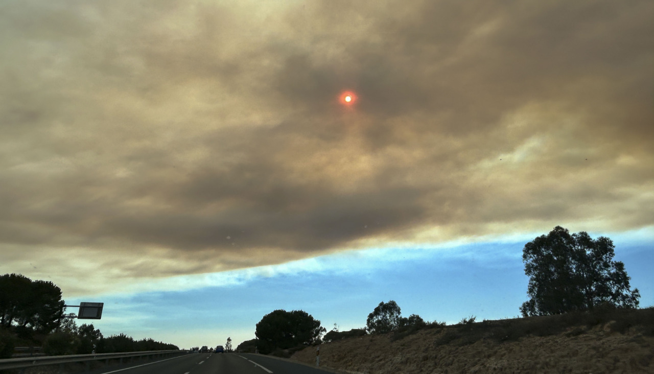 Incendio forestal que afecta a Niebla, en Huelva, que provoca una intensa columna de humo sobre las carreteras de la zona