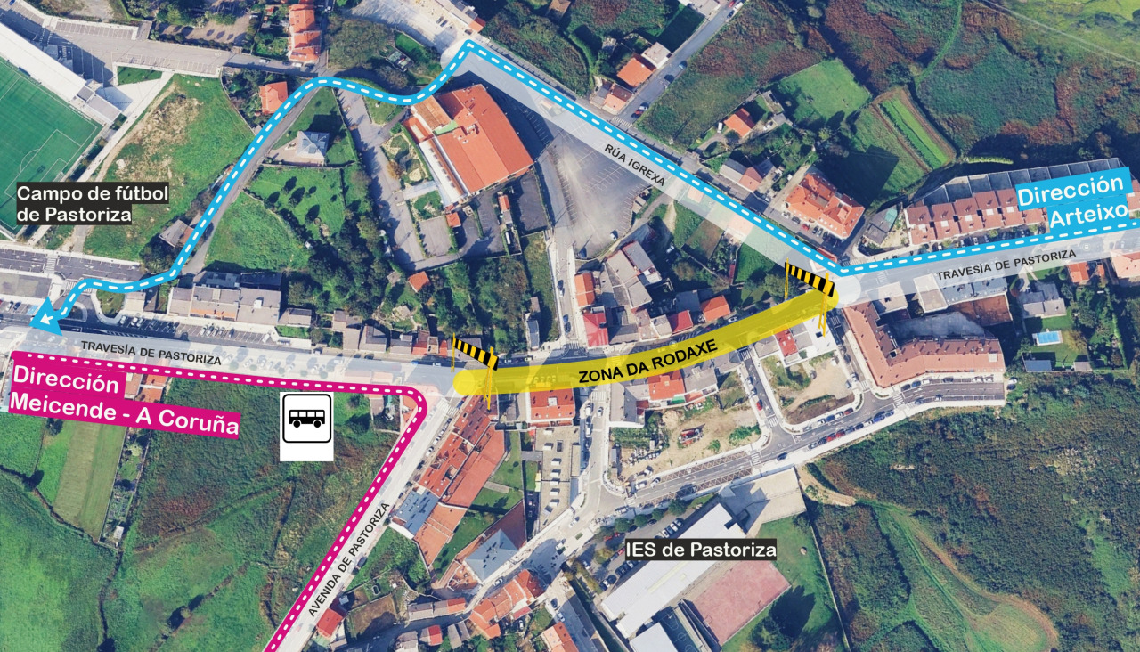Mapa de los desvíos habilitados durante el rodaje en Pastoriza