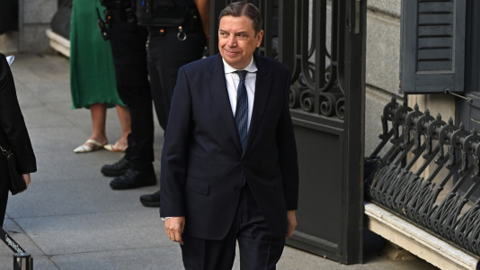 El ministro de Agricultura, Luis Planas a su llegada al Congreso de los diputados donde el papa León XIV pronuncia este lunes un esperado e histórico discurso en las Cortes durante su visita a España